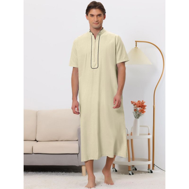 Lars Amadeus Men's Loose Fit Short Sleeves Stand Collar Zipper Long Nightgown, 2 of 6