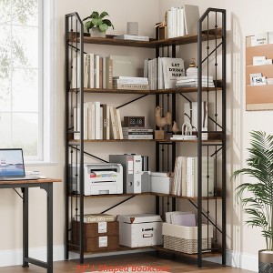 Corner Bookshelf 72"/86" l Shaped Bookcase, Corner Bookshelves Industrial Bookcase 5/7 Tier l-Shape Bookshelf, Large Bookcases with Beaded Design - 1 of 4