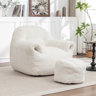Faux Fur Bean Bag Chair with Backrest and Footstool, Stuffed Floor Sofa with Shredded Foam Filling, Comfy Seating for Adults and Kids-Baofuwish