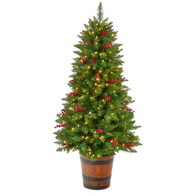 5ft. Pre-Lit Artificial Porch Christmas Tree with 200 Lights, 426 Branches & Berries in Decorative Planter– Charming X-Mas Décor