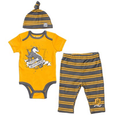 Harry Potter Gryffindor Hufflepuff Ravenclaw Baby Bodysuit Pants and Hat 3 Piece Outfit Set Newborn to Infant