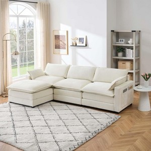 Modular Combo Sofa, Modern 3-Seater L-Shaped Sofa with Ottoman, 2 Cushions, Side Pockets, Oversized Faux Fur Upholstered Sofa - 1 of 4