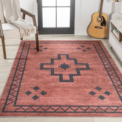 Korsa Red and Dark Gray Geometric 9' x 12' Washable Area Rug