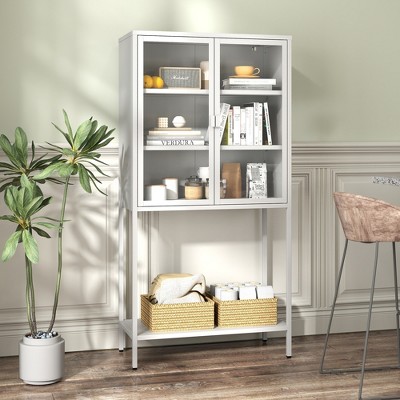 TOAOTBNBO Metal Bookshelves with Storage Cabinet, Upright Bookcase with Glass Doors and Adjustable Shelves Office Tall Display Book Shelf