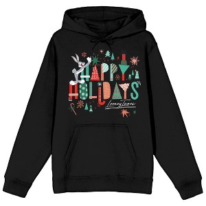 Looney Tunes Happy Holidays With Characters Women's Black Graphic Hoodie - 1 of 3