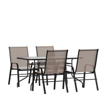 Emma and Oliver Five Piece Patio Table Set with Metal Table with Tempered Glass Top and 4 Flex Comfort Stacking Chairs