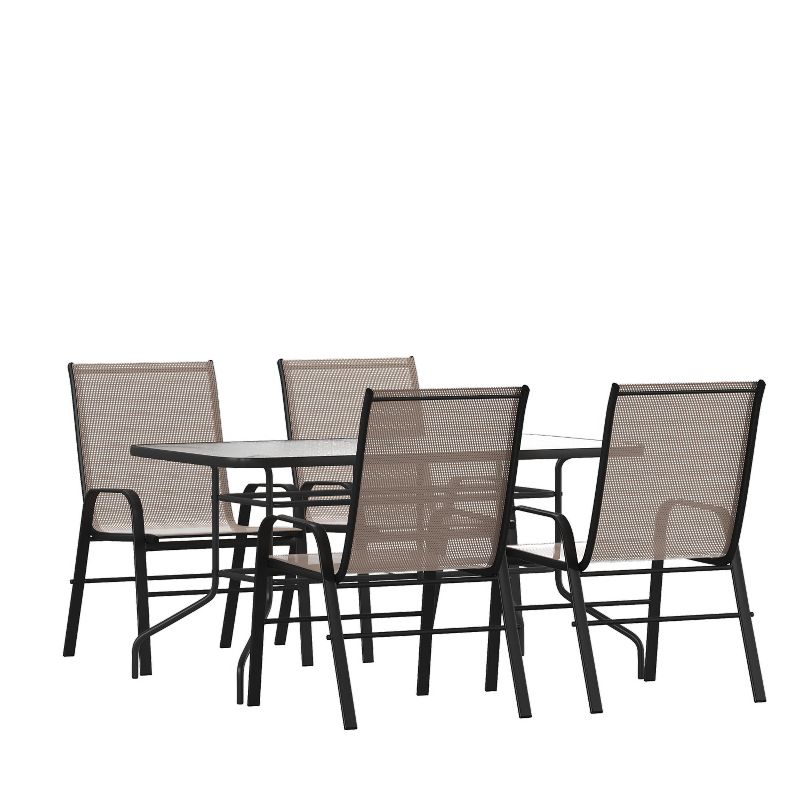 Emma and Oliver Five Piece Patio Table Set with Metal Table with Tempered Glass Top and 4 Flex Comfort Stacking Chairs, 1 of 11