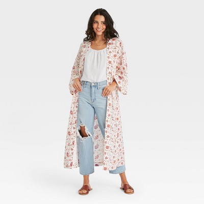 Women's Woven Floral Print Duster - Universal Thread™ Cream One Size