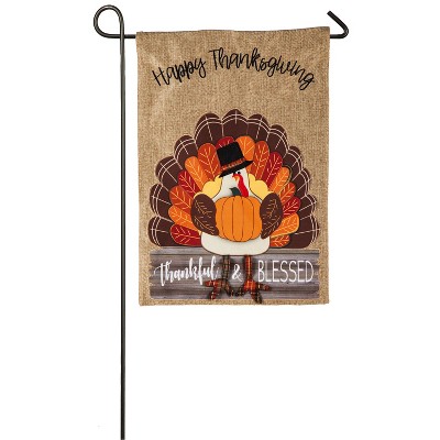 Evergreen Thankful and Blessed Turkey Garden Burlap Flag