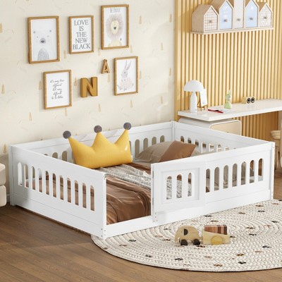 Floor Bed with Heightened Safety Guardrails and Door, Solid Wood Bedframe with Rails for Girls