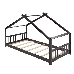 CLIHOME Twin Size House Bed Pine Wood Bed Playhouse Children Bed Frame With Fence - 1 of 4