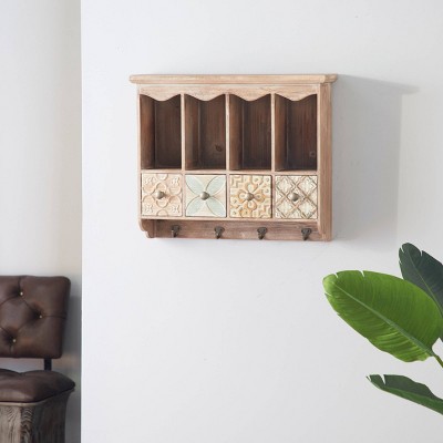 Brown Wooden Wall Shelf with Drawers and Hooks