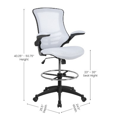 White Mesh and Leather Ergonomic Drafting Chair with Adjustable Arms
