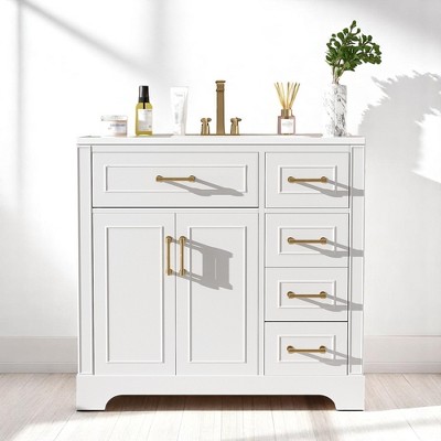 Mshliw 36" Bathroom Vanity with Ceramic Sink, Solid Wood Frame, Freestanding Cabinet with 4 Soft-Close Drawers, 2 Doors & Adjustable Shelf