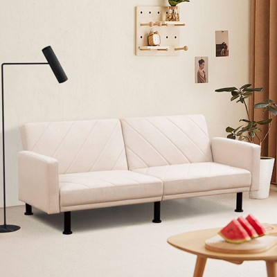 DOMETOUR Modern Beige Linen Sofa Bed – Convertible Sleeper Couch for Living Room, Apartment or Guest Room