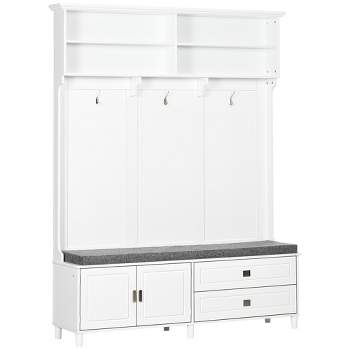 HOMCOM Hall Tree with Storage Bench, Entryway Bench with Coat Rack, Accent Coat Tree with Storage Shelves, Cabinet and Drawers for Hallway, White
