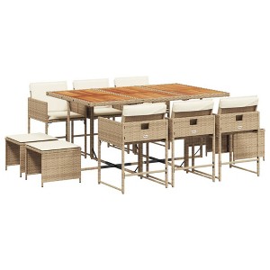 vidaXL Patio Dining Set with Cushions Table and Chairs Outdoor Poly Rattan - Beige Wood 10-Piece - 1 of 4