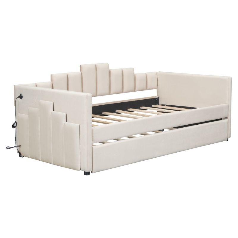Twin Size Upholstered Daybed with Trundle Bed, Light and USB Port-ModernLuxe, 5 of 16