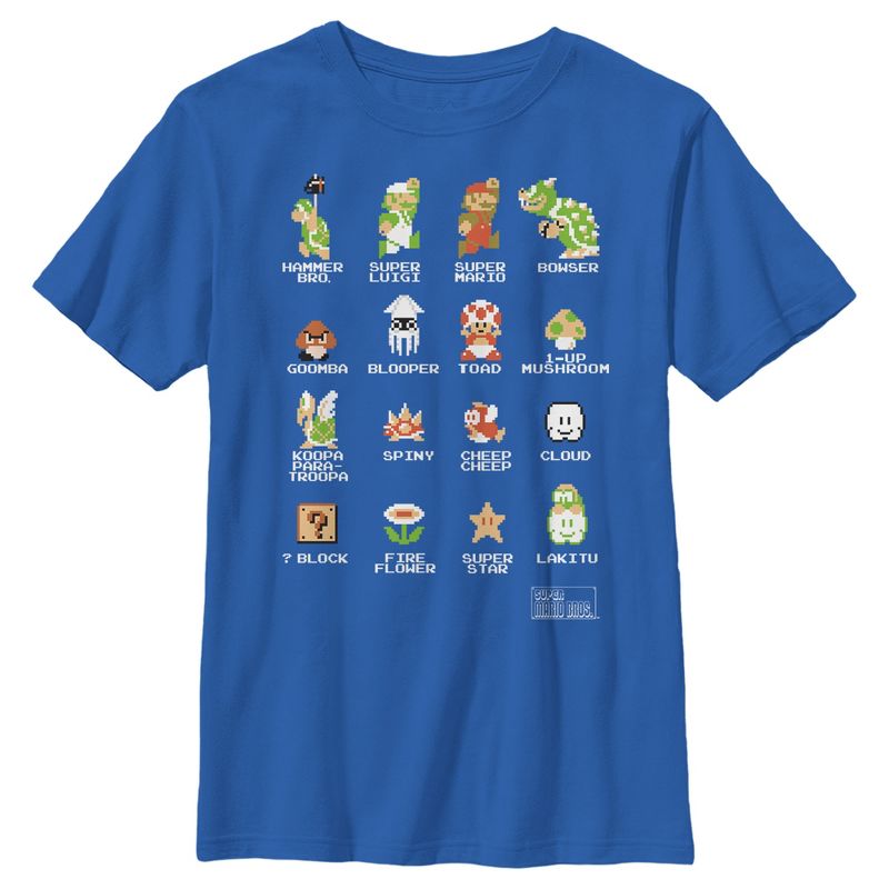 Boy's Nintendo Super Mario Bros Pixel Cast with Names T-Shirt, 1 of 5
