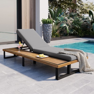 Outdoor Backyard Chaise Lounge Chair,5 Position Adjustable Backrest Recliner Chair,Garden Poolside Lounge with Beige Cushions-Coolbibila