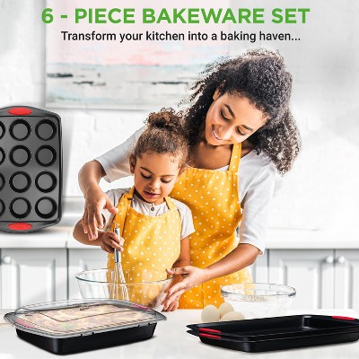 NutriChef 6-Piece Nonstick Carbon Steel Bakeware Set with Red Silicone Handles