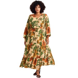 Avenue Women's Plus Size Second Nature Blouson Sleeve Maxi Dress - 1 of 4