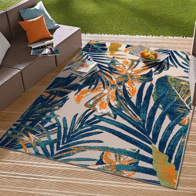 Tropical Floral Leaves Multi 5' x 7' Flat Woven Area Rug