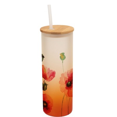 Elanze Designs Pretty Poppy Red Flower Garden Wrap-Around Design 25 Ounce Frosted Gradient Glass On-The-Go Coffee Travel Skinny Tumbler Mug Cup,