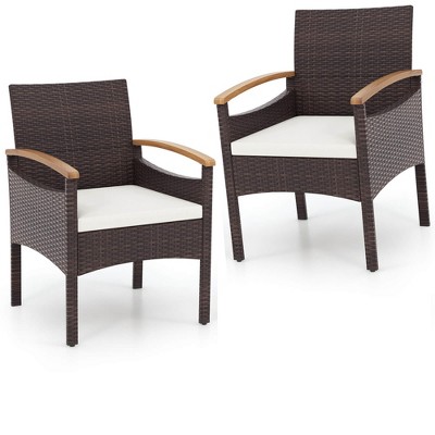 Tangkula 2 PCS Dining Chairs w/ Acacia Wood Armrest Heavy Duty Metal Frame Patio Mix Brown