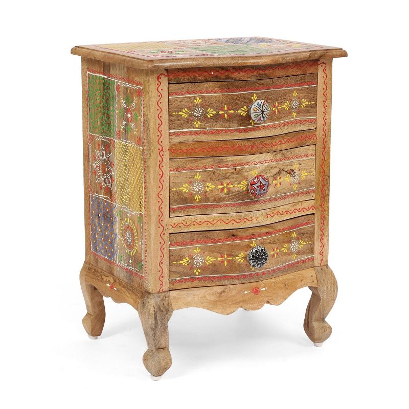 Ailey Handcrafted Boho Mango Wood 3 Drawer Nightstand Natural - Christopher Knight Home, 1 of 14