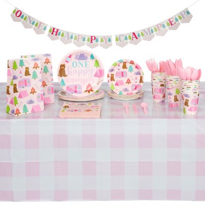 Blue Panda 183 Piece Girls One Happy Camper Birthday Party Supplies with Plates, Napkins, Cups, Goodie Bags, Tablecloth, Banner and Cutlery (Serves