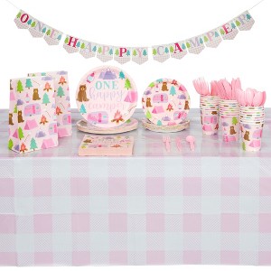 Blue Panda 183 Piece Girls One Happy Camper Birthday Party Supplies with Plates, Napkins, Cups, Goodie Bags, Tablecloth, Banner and Cutlery (Serves - 1 of 4