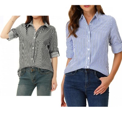 Allegra K Women's Striped Button Down Roll-up Long Sleeves Point Collar Shirt 2 Packs