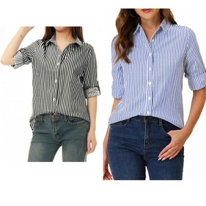 Allegra K Women's Striped Button Down Roll-up Long Sleeves Point Collar Shirt 2 Packs - 1 of 4