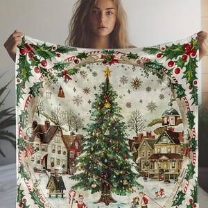 Vintage Christmas Tree & Holly Print Flannel Throw Blanket, Soft Cozy Multipurpose Circle Snow Scene Blanket for Sofa, Bed Christmas Gift. - 1 of 4