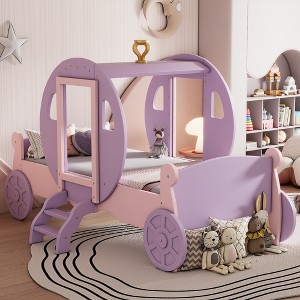 TIRAMISUBEST Twin Size Princess Bed, Kids Carriage Bed with Crown Decor, Wood Platform Bed Frame with Little Stair - 1 of 4
