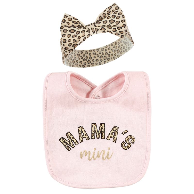 Hudson Baby Infant Girl Cotton Bib and Headband or Caps Set, Leopard Mamas Mini, One Size, 3 of 6