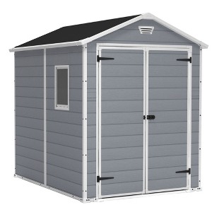 Keter Manor 6 x 8 Foot All Weather Garden Tool Outdoor Storage Shed Durable Resin Organizer with Lockable Double Doors and Fixed Window, Gray - 1 of 4