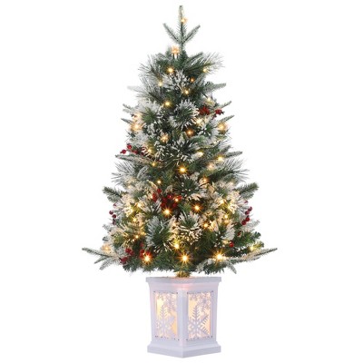 3ft Mini Xmas Tree, Pre-Lit Artificial Tree w/78 Warm White Lights, Tabletop Christmas Tree w/Timer Function, Snow Flocked Xmas Tree w/ Base
