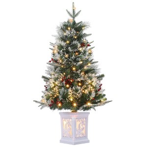3ft Mini Xmas Tree, Pre-Lit Artificial Tree w/78 Warm White Lights, Tabletop Christmas Tree w/Timer Function, Snow Flocked Xmas Tree w/ Base - 1 of 4