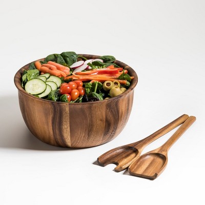 Large Acacia Wood Salad Bowl with Servers