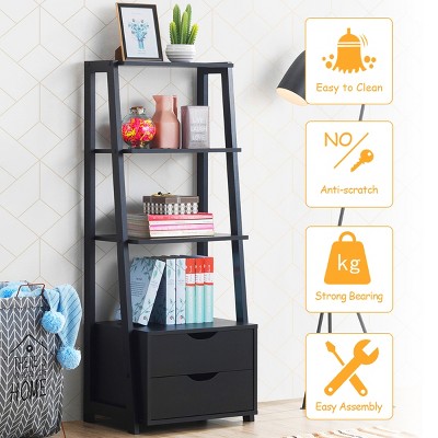 Black 4-Tier Ladder Bookshelf with 2 Drawers