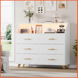 Homhougo Modern 6-Drawer Dresser with LED Lights & Charging Station - Triangle Pattern, Gold Legs White - 1 of 4