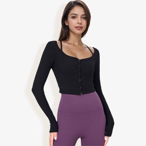 Anna-Kaci Active Women's Button-Up Long Sleeve Crop Top with Scoop Neck and Thumbhole Cuffs - 1 of 4