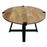 31" Wooden Round Coffee Table with Banded Metal Frame Brown/Black - The Urban Port