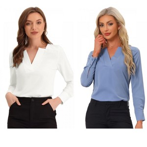 INSPIRE CHIC Women's Elegant Long Sleeve V Neck Work Office Blouse 2 Packs - 1 of 4