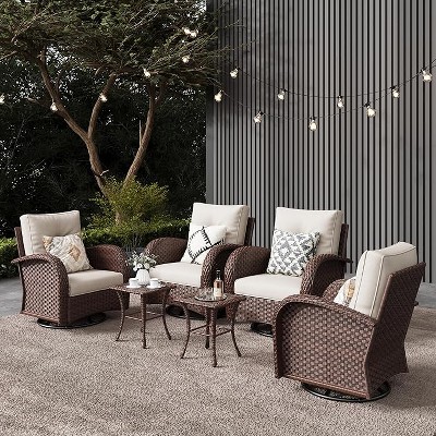 LayinSun 6 Pieces Outdoor Patio Furniture Set, Brown Rattan Wicker Sectional Swivel Rocker Chairs Sets