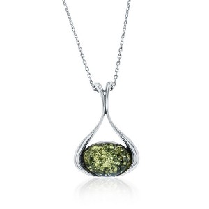Simona Sterling Silver, Oval Green Amber, Pear-Shaped 18" Pendant Necklace - Green - 1 of 2
