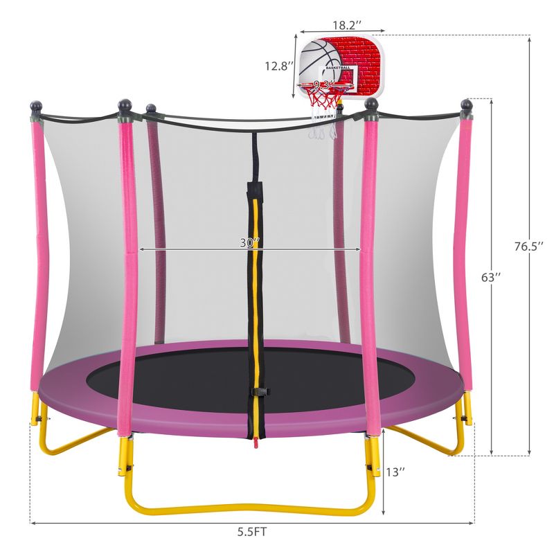 5.5FT Trampoline for Kids - 65" Outdoor & Indoor Mini Toddler Trampoline with Enclosure, Basketball Hoop and Ball Included-ModernLuxe, 3 of 9
