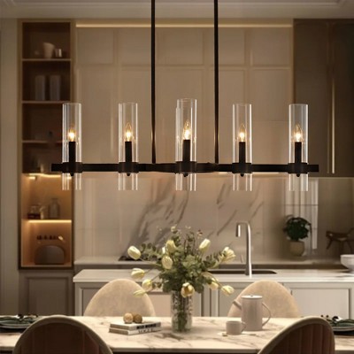 PAKOKULA Farmhouse 6-Light Black Industrial Linear Island Chandelier with Clear Glass Shades